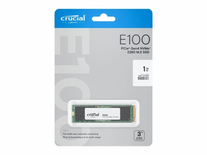 Crucial E100 | 1TB NVMe SSD | M.2 Gen4 | 5.000MB/s Lezen | 4.500MB/s Schrijven - 1 Crucial E100 | 1TB NVMe SSD | M.2 Gen4 | 5.000MB/s Lezen | 4.500MB/s Schrijven - 1