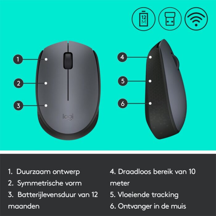 Logitech M170 | Draadloze Muis | Links- en Rechtshandig | RF | 1000 DPI | Grijs - 7 Logitech M170 | Draadloze Muis | Links- en Rechtshandig | RF | 1000 DPI | Grijs - 7