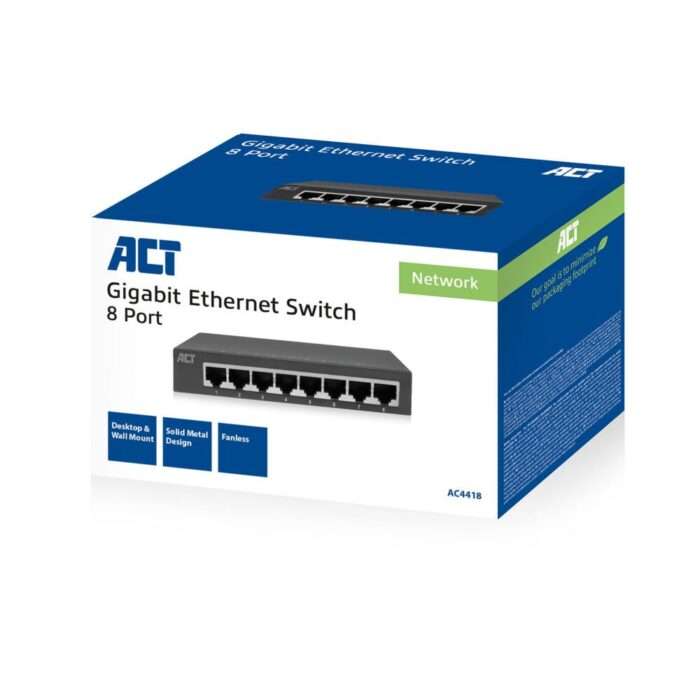 ACT AC4418 | Unmanaged Switch | 8 Poorten | Gigabit Ethernet | Grijs | Plug & Play - 1 ACT AC4418 | Unmanaged Switch | 8 Poorten | Gigabit Ethernet | Grijs | Plug & Play - 1