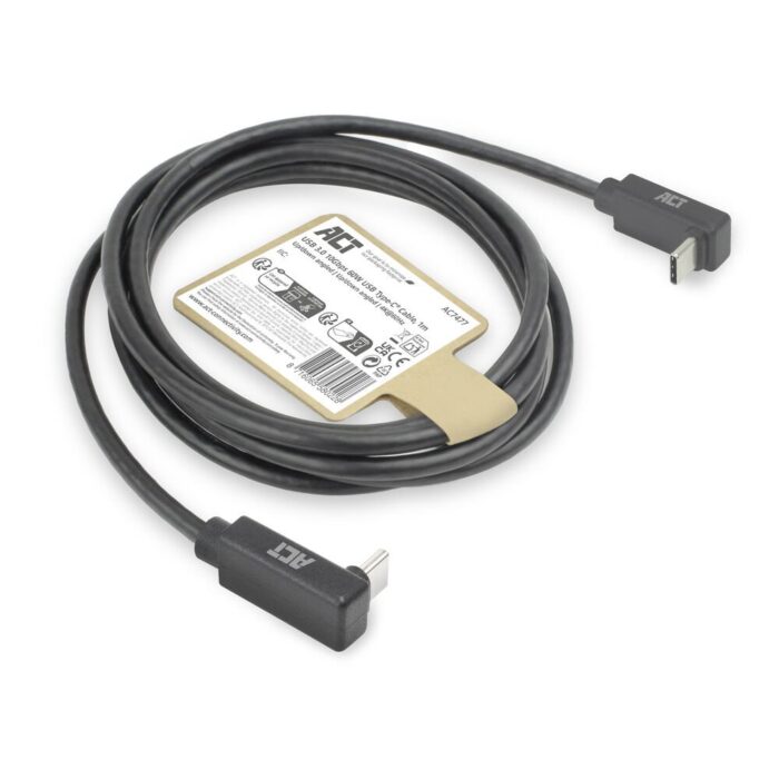 ACT AC7477 | USB 3.2 Gen 2 Kabel | USB-C (haaks boven/beneden) naar USB-C (haaks boven/beneden) | 60W | 10Gbps | 1m | Zwart ACT AC7477 | USB 3.2 Gen 2 Kabel | USB-C (haaks boven/beneden) naar USB-C (haaks boven/beneden) | 60W | 10Gbps | 1m | Zwart