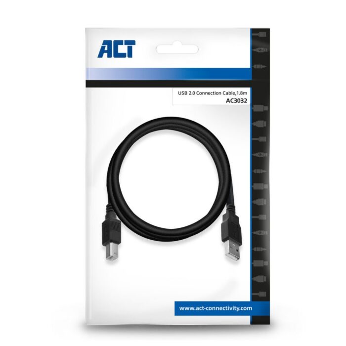 ACT AC3032 | USB 2.0 | USB-A naar USB-B | 1.8m | Zwart ACT AC3032 | USB 2.0 | USB-A naar USB-B | 1.8m | Zwart