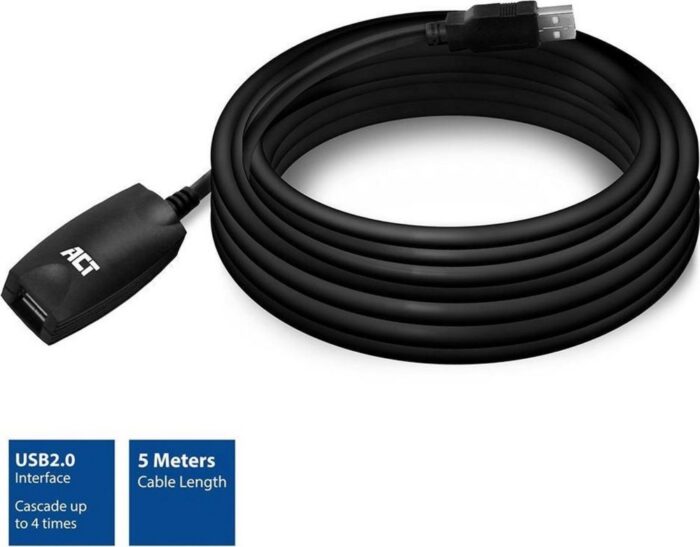 ACT AC6005 | USB 2.0 Signaalversterker | USB-A naar USB-A | 5m | Zwart ACT AC6005 | USB 2.0 Signaalversterker | USB-A naar USB-A | 5m | Zwart