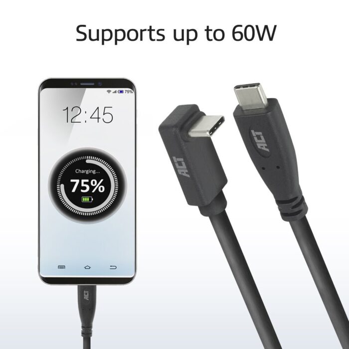 ACT AC7470 | USB 3.2 Gen 2 Kabel | USB-C (recht) naar USB-C (haaks boven/beneden) | 60W | 10Gbps | 0,5m | Zwart ACT AC7470 | USB 3.2 Gen 2 Kabel | USB-C (recht) naar USB-C (haaks boven/beneden) | 60W | 10Gbps | 0,5m | Zwart