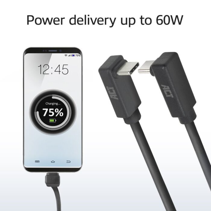 ACT AC7478 | USB 3.2 Gen 2 Kabel | USB-C (haaks boven/beneden) naar USB-C (haaks boven/beneden) | 60W | 10Gbps | 2m | Zwart ACT AC7478 | USB 3.2 Gen 2 Kabel | USB-C (haaks boven/beneden) naar USB-C (haaks boven/beneden) | 60W | 10Gbps | 2m | Zwart