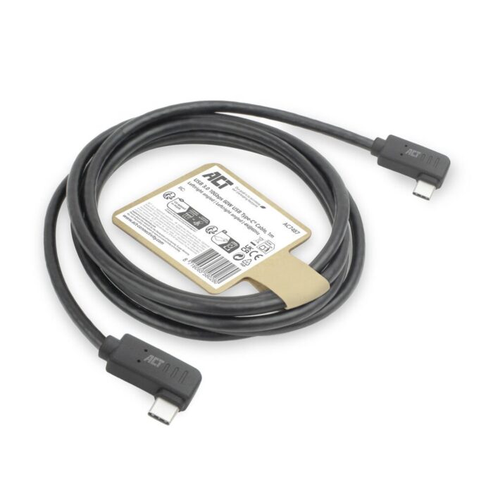 ACT AC7487 | USB 3.2 Gen 2 Kabel | USB-C (haaks links/rechts) naar USB-C (haaks links/rechts) | 60W | 10Gbps | 1m | Zwart ACT AC7487 | USB 3.2 Gen 2 Kabel | USB-C (haaks links/rechts) naar USB-C (haaks links/rechts) | 60W | 10Gbps | 1m | Zwart