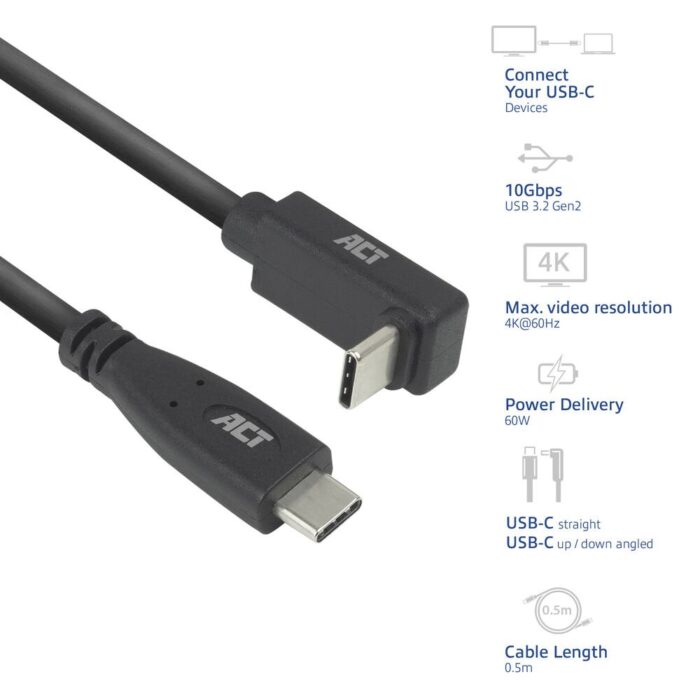 ACT AC7470 | USB 3.2 Gen 2 Kabel | USB-C (recht) naar USB-C (haaks boven/beneden) | 60W | 10Gbps | 0,5m | Zwart ACT AC7470 | USB 3.2 Gen 2 Kabel | USB-C (recht) naar USB-C (haaks boven/beneden) | 60W | 10Gbps | 0,5m | Zwart