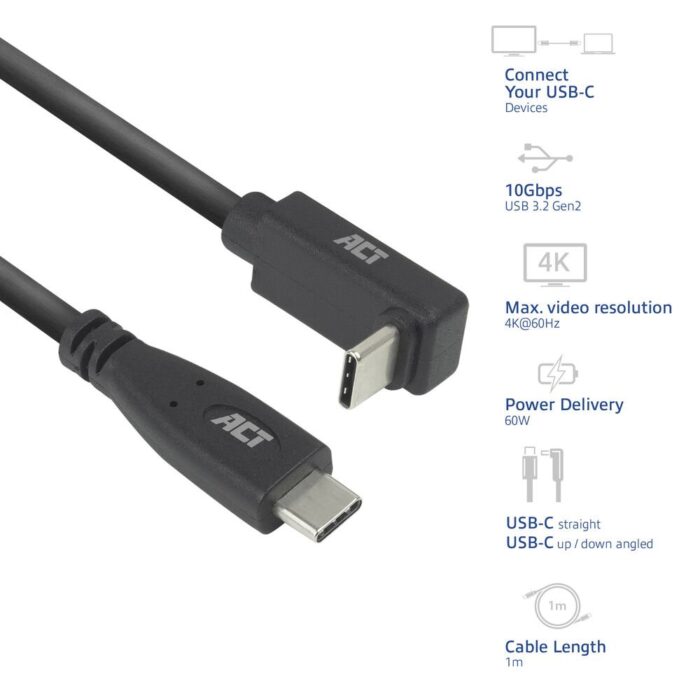 ACT AC7471 | USB 3.2 Gen 2 Kabel | USB-C (recht) naar USB-C (haaks boven/beneden) | 60W | 10Gbps | 1m | Zwart ACT AC7471 | USB 3.2 Gen 2 Kabel | USB-C (recht) naar USB-C (haaks boven/beneden) | 60W | 10Gbps | 1m | Zwart