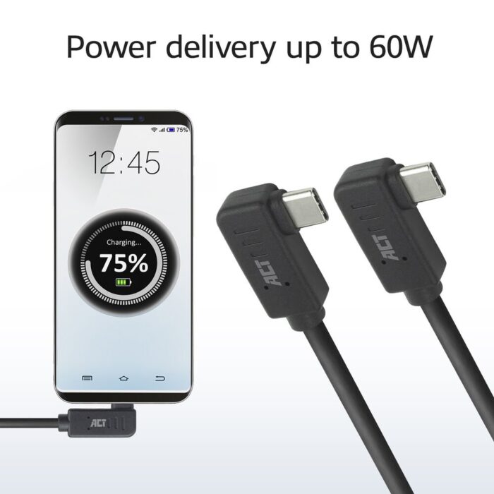 ACT AC7488 | USB 3.2 Gen 2 Kabel | USB-C (haaks links/rechts) naar USB-C (haaks links/rechts) | 60W | 10Gbps | 2m | Zwart ACT AC7488 | USB 3.2 Gen 2 Kabel | USB-C (haaks links/rechts) naar USB-C (haaks links/rechts) | 60W | 10Gbps | 2m | Zwart