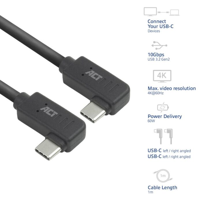 ACT AC7487 | USB 3.2 Gen 2 Kabel | USB-C (haaks links/rechts) naar USB-C (haaks links/rechts) | 60W | 10Gbps | 1m | Zwart ACT AC7487 | USB 3.2 Gen 2 Kabel | USB-C (haaks links/rechts) naar USB-C (haaks links/rechts) | 60W | 10Gbps | 1m | Zwart