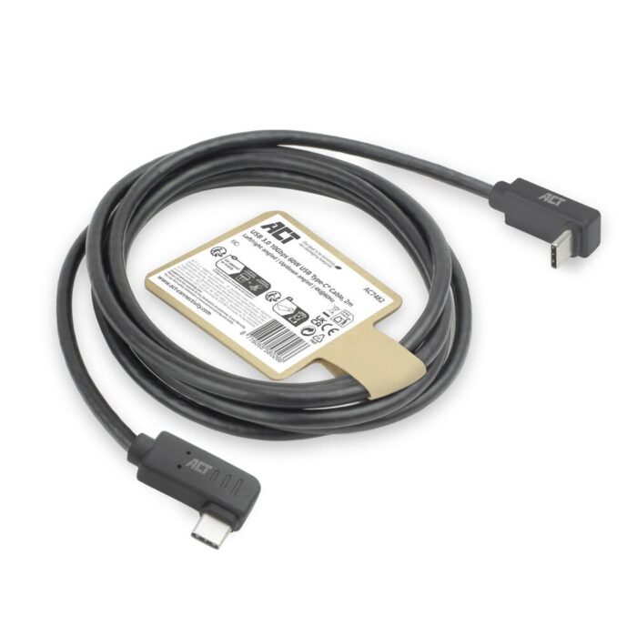 ACT AC7482 | USB 3.2 Gen 2 Kabel | USB-C (haaks links/rechts) naar USB-C (haaks boven/beneden) | 60W | 10Gbps | 2m | Zwart ACT AC7482 | USB 3.2 Gen 2 Kabel | USB-C (haaks links/rechts) naar USB-C (haaks boven/beneden) | 60W | 10Gbps | 2m | Zwart