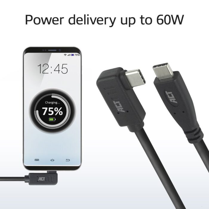 ACT AC7405 | USB 3.0 Kabel | USB-C (recht) naar USB-C (haaks) | 60W | 10Gbps | 0,5m | Zwart ACT AC7405 | USB 3.0 Kabel | USB-C (recht) naar USB-C (haaks) | 60W | 10Gbps | 0,5m | Zwart