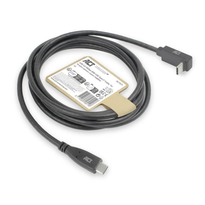 ACT AC7471 | USB 3.2 Gen 2 Kabel | USB-C (recht) naar USB-C (haaks boven/beneden) | 60W | 10Gbps | 1m | Zwart ACT AC7471 | USB 3.2 Gen 2 Kabel | USB-C (recht) naar USB-C (haaks boven/beneden) | 60W | 10Gbps | 1m | Zwart