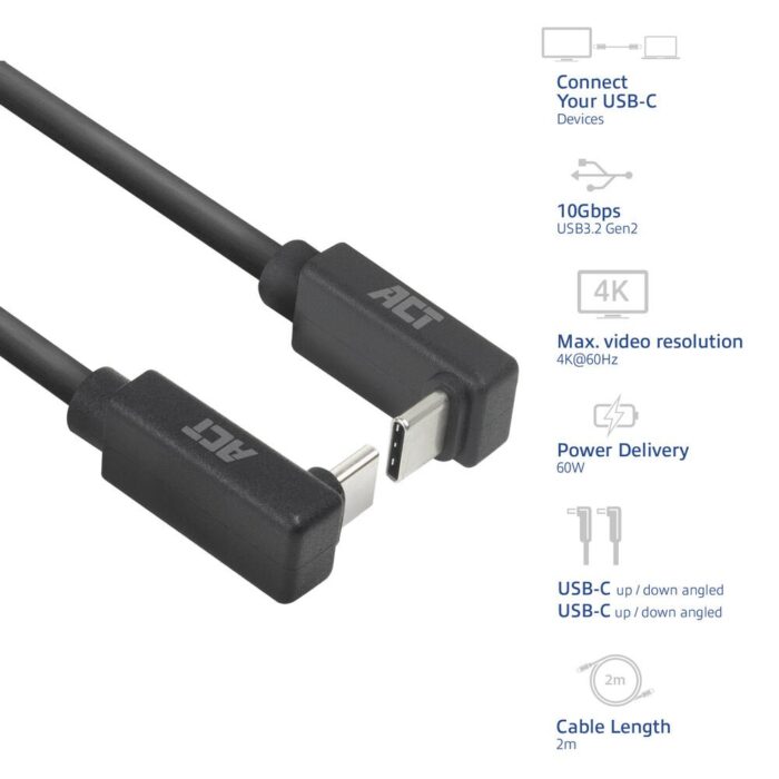 ACT AC7478 | USB 3.2 Gen 2 Kabel | USB-C (haaks boven/beneden) naar USB-C (haaks boven/beneden) | 60W | 10Gbps | 2m | Zwart ACT AC7478 | USB 3.2 Gen 2 Kabel | USB-C (haaks boven/beneden) naar USB-C (haaks boven/beneden) | 60W | 10Gbps | 2m | Zwart