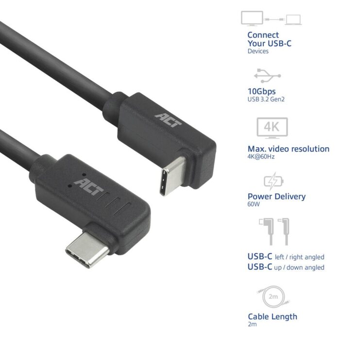 ACT AC7482 | USB 3.2 Gen 2 Kabel | USB-C (haaks links/rechts) naar USB-C (haaks boven/beneden) | 60W | 10Gbps | 2m | Zwart ACT AC7482 | USB 3.2 Gen 2 Kabel | USB-C (haaks links/rechts) naar USB-C (haaks boven/beneden) | 60W | 10Gbps | 2m | Zwart