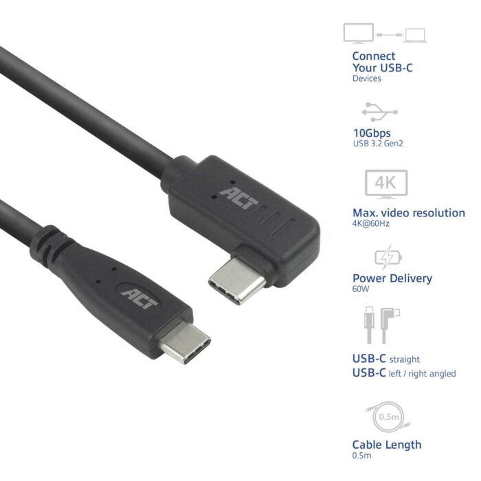 ACT AC7405 | USB 3.0 Kabel | USB-C (recht) naar USB-C (haaks) | 60W | 10Gbps | 0,5m | Zwart ACT AC7405 | USB 3.0 Kabel | USB-C (recht) naar USB-C (haaks) | 60W | 10Gbps | 0,5m | Zwart