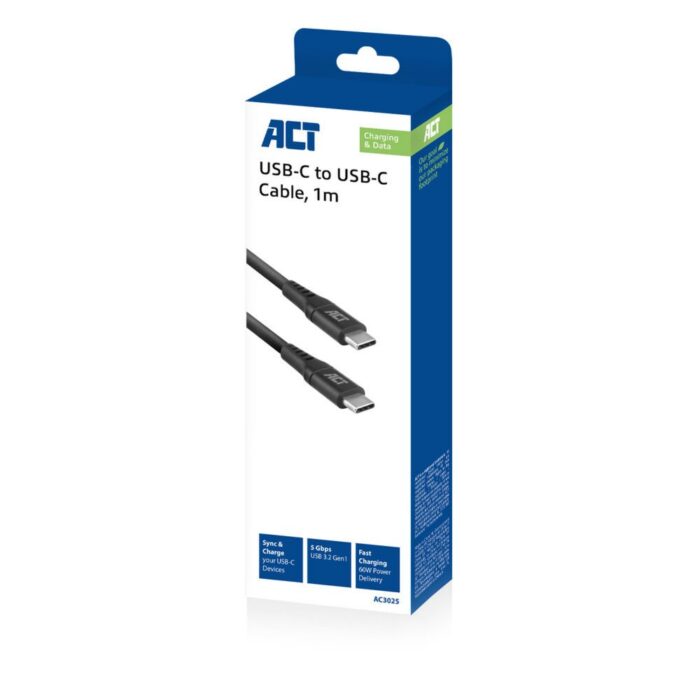 ACT AC3025 | USB 3.2 Gen 1 | USB-C Kabel | 1m | Zwart ACT AC3025 | USB 3.2 Gen 1 | USB-C Kabel | 1m | Zwart