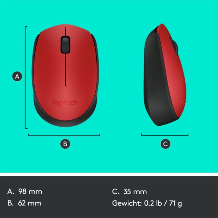 Logitech M171 | Draadloze Muis | Links- en Rechtshandig | RF | 1000 DPI | Rood/Zwart Logitech M171 | Draadloze Muis | Links- en Rechtshandig | RF | 1000 DPI | Rood/Zwart