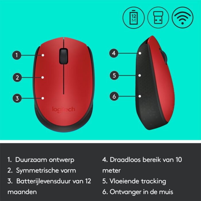 Logitech M171 | Draadloze Muis | Links- en Rechtshandig | RF | 1000 DPI | Rood/Zwart Logitech M171 | Draadloze Muis | Links- en Rechtshandig | RF | 1000 DPI | Rood/Zwart