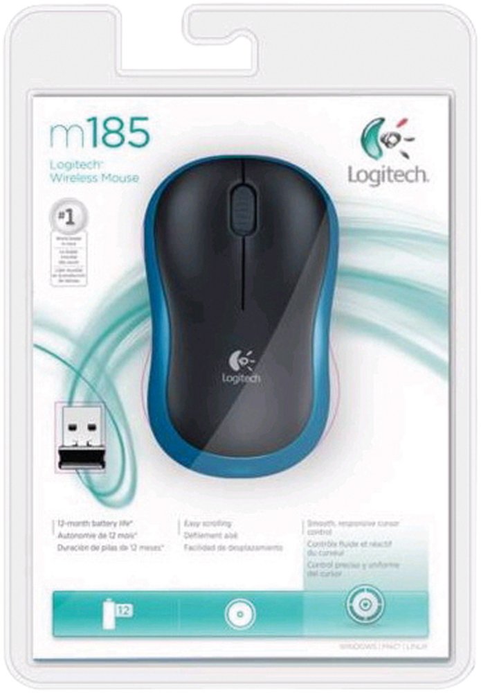 Logitech M185 | Draadloze Muis | Links- en Rechtshandig | RF | 1000 DPI | Zwart/Blauw Logitech M185 | Draadloze Muis | Links- en Rechtshandig | RF | 1000 DPI | Zwart/Blauw