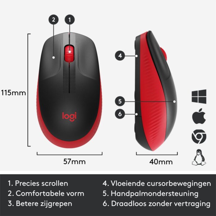 Logitech M190 | Draadloze Muis | Links- en Rechtshandig | RF | 1000 DPI | Zwart/Rood Logitech M190 | Draadloze Muis | Links- en Rechtshandig | RF | 1000 DPI | Zwart/Rood