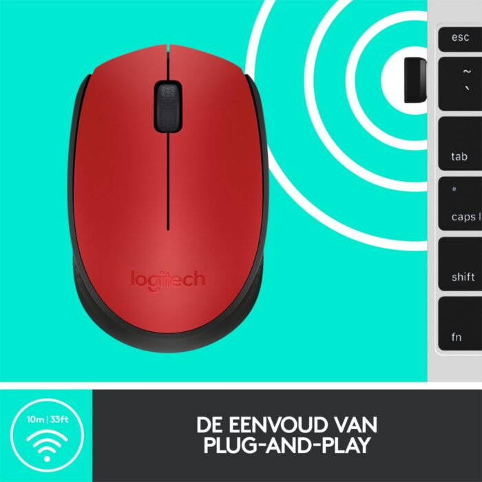 Logitech M171 | Draadloze Muis | Links- en Rechtshandig | RF | 1000 DPI | Rood/Zwart Logitech M171 | Draadloze Muis | Links- en Rechtshandig | RF | 1000 DPI | Rood/Zwart