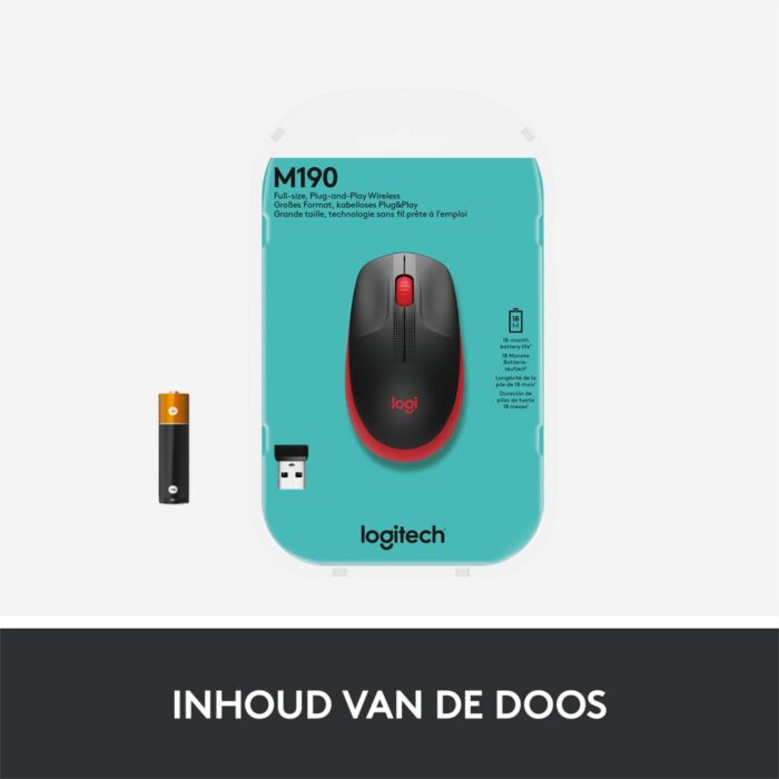 Logitech M190 | Draadloze Muis | Links- en Rechtshandig | RF | 1000 DPI | Zwart/Rood Logitech M190 | Draadloze Muis | Links- en Rechtshandig | RF | 1000 DPI | Zwart/Rood